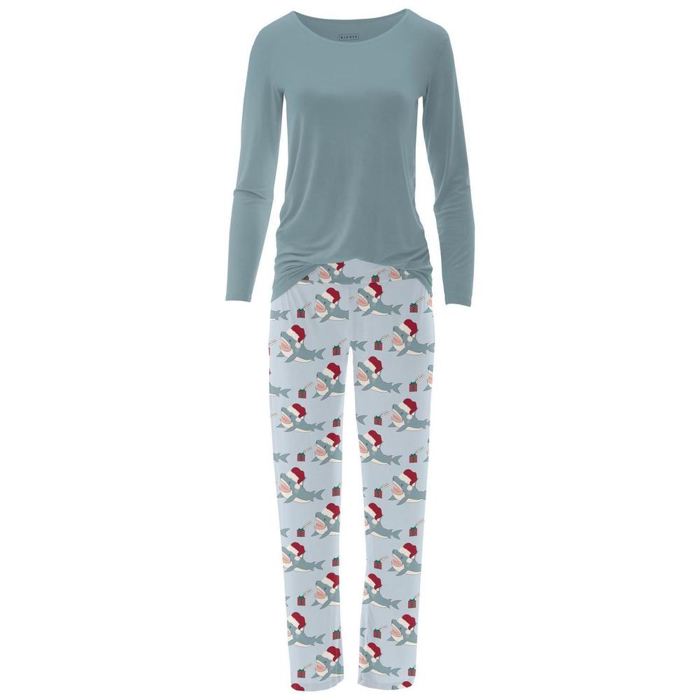 NEW KICKEE women's long sleeve tee & pajama pants set in illusion blue holiday s
